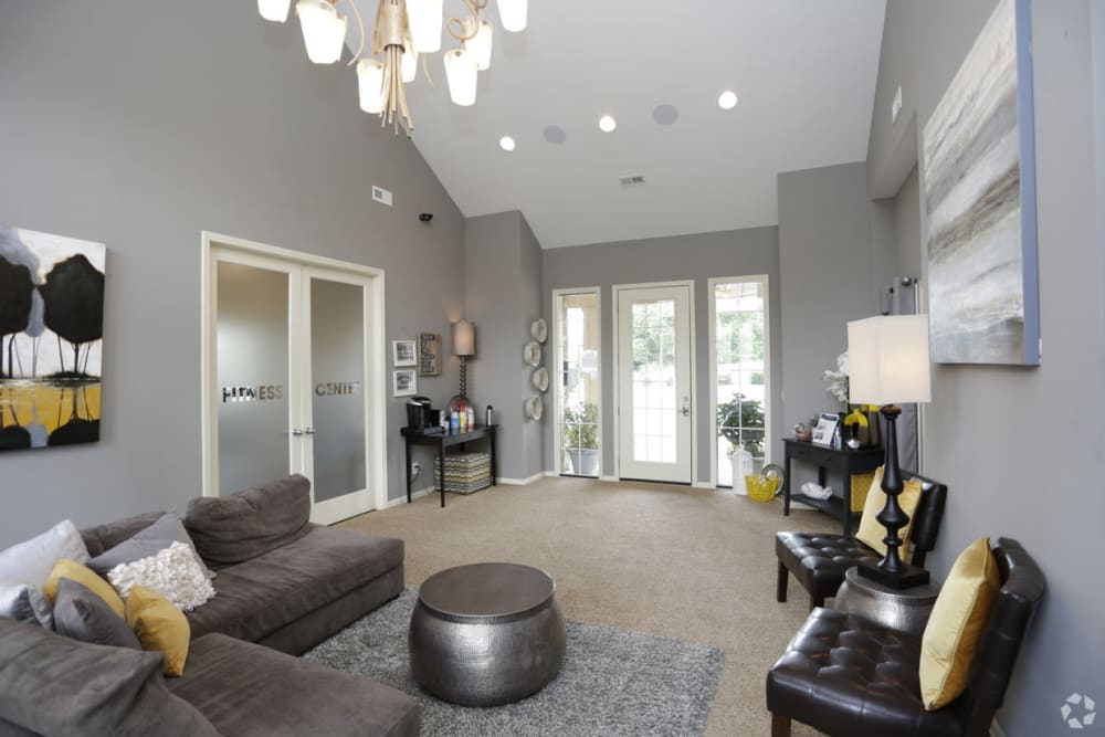 Expansive clubhouse with comfortable seating at Alvadora Apartments in Lawrence, Kansas