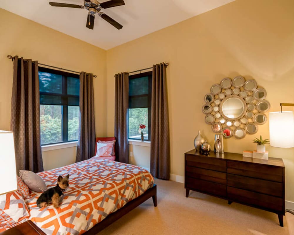 Spacious carpeted bedroom in a model home at eon at Lindbergh in Atlanta, Georgia