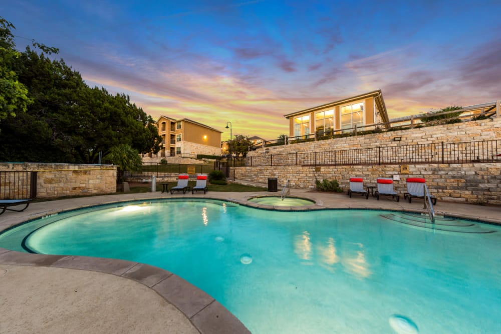 Resort-style, sparkling swimming pool at Marquis at Canyon Ridge in Austin, Texas