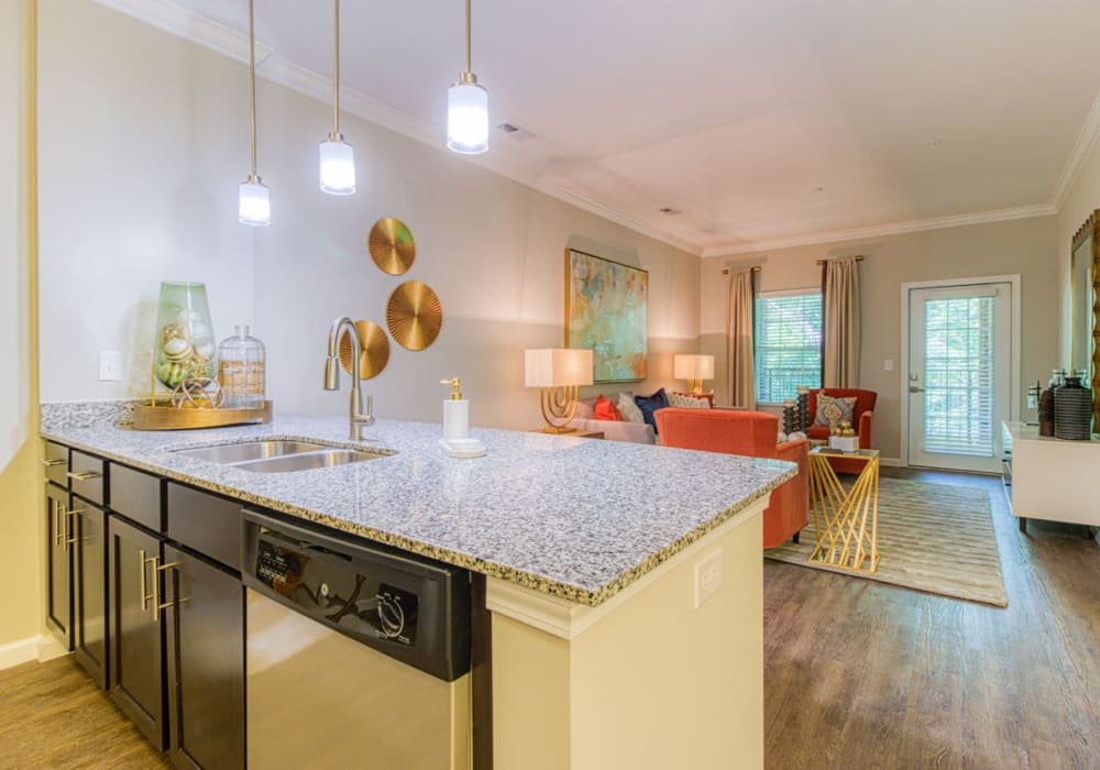 Kitchen island with dishwasher, storage space, granite countertops and hanging light fixtures at Greymont Village in Asheville, North Carolina