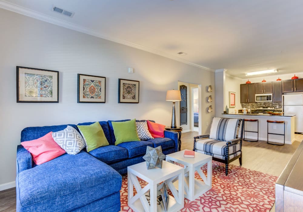 Open-concept living area in view of the kitchen at Bacarra Apartments in Raleigh, North Carolina