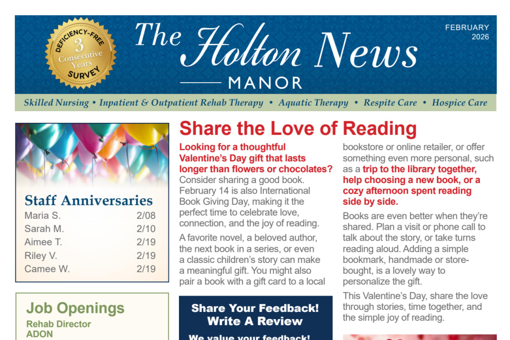 February 2026 Newsletter at Holton Manor in Elkhorn, Wisconsin