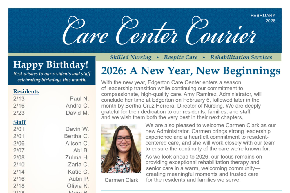 February 2026 newsletter  at Edgerton Care Center in Edgerton, Wisconsin