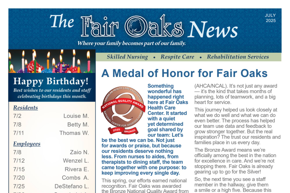 July 2025 Newsletter at Fair Oaks Health Care Center in Crystal Lake, Illinois