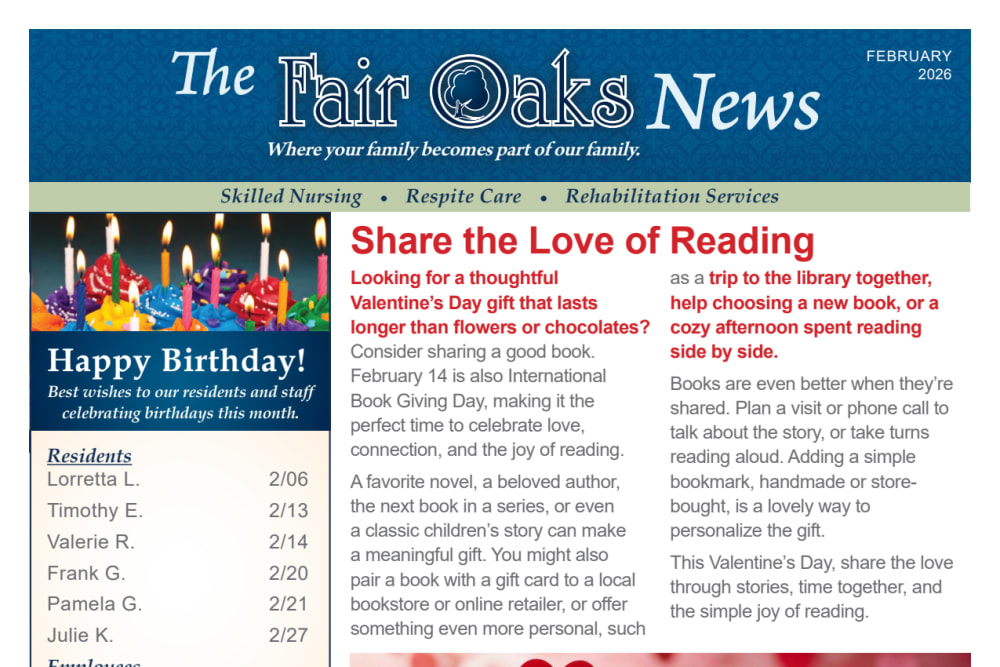 February  2026 Newsletter at Fair Oaks Health Care Center in Crystal Lake, Illinois
