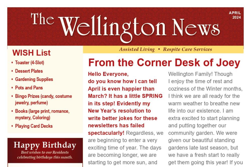 April 2024 newsletter at Wellington Place at Whiting in Stevens Point, Wisconsin