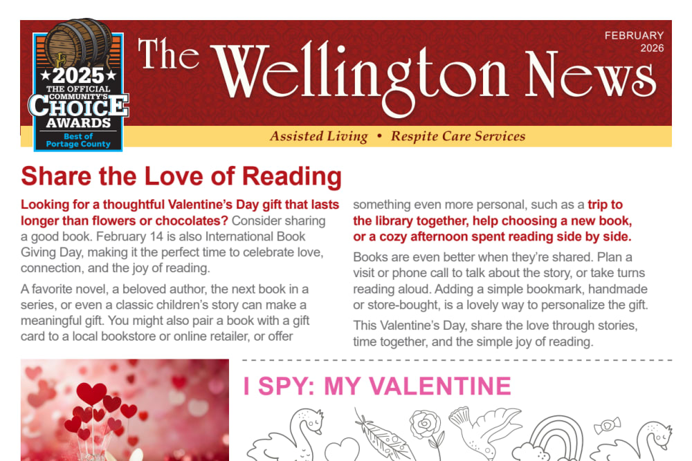 February 2026 newsletter at Wellington Place at Whiting in Stevens Point, Wisconsin