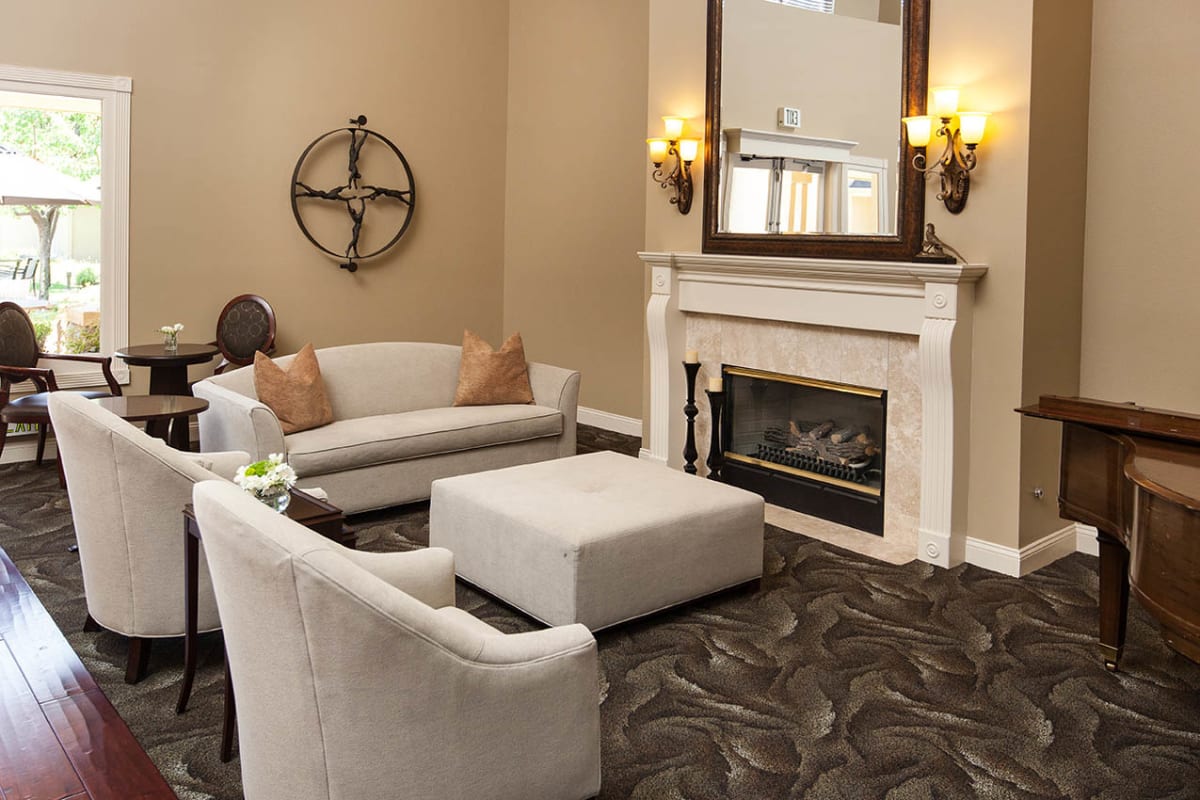fireside seating at Claremont Place in Claremont, California