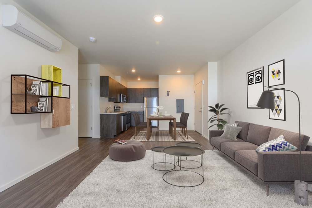 Kitchen view from living room at Edison Apartments in Gresham, Oregon