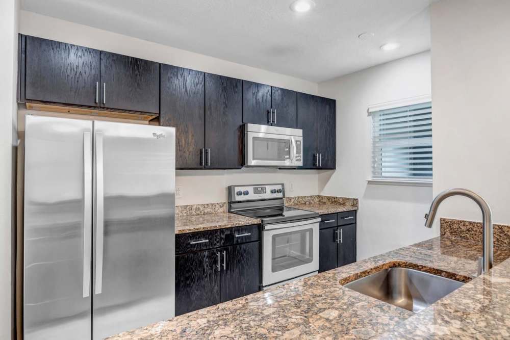 Kitchen with stainless steel appliances at Citrus Run Apartments in Tampa, Florida