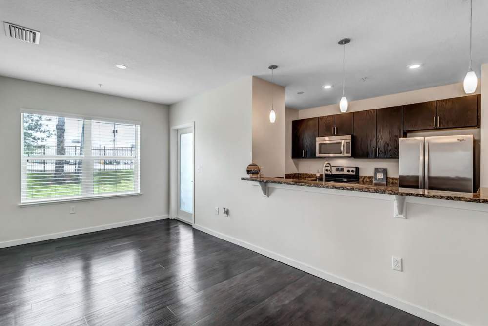 Open concept of kitchen and living room at Citrus Run Apartments in Tampa, Florida