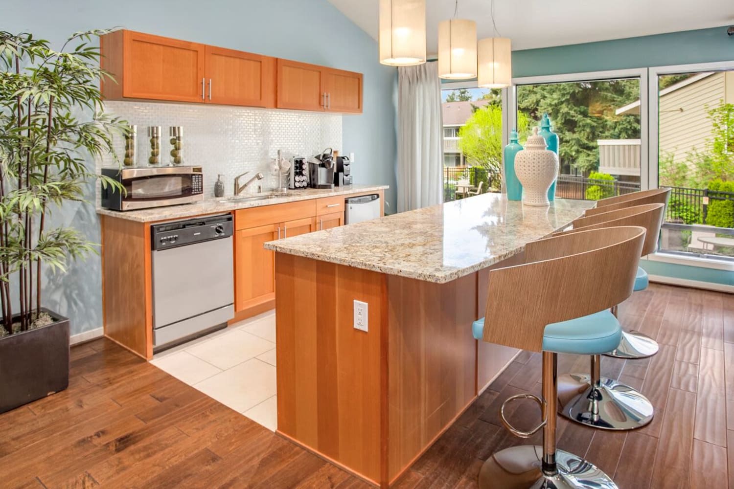 Bright kitchen perfect for entertaining at The VUE in Kirkland, Washington