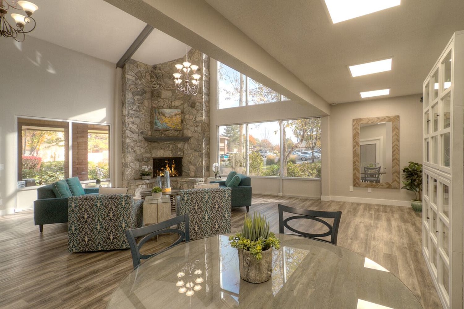 Sunlit clubhouse at Wasatch Club Apartments in Midvale, Utah