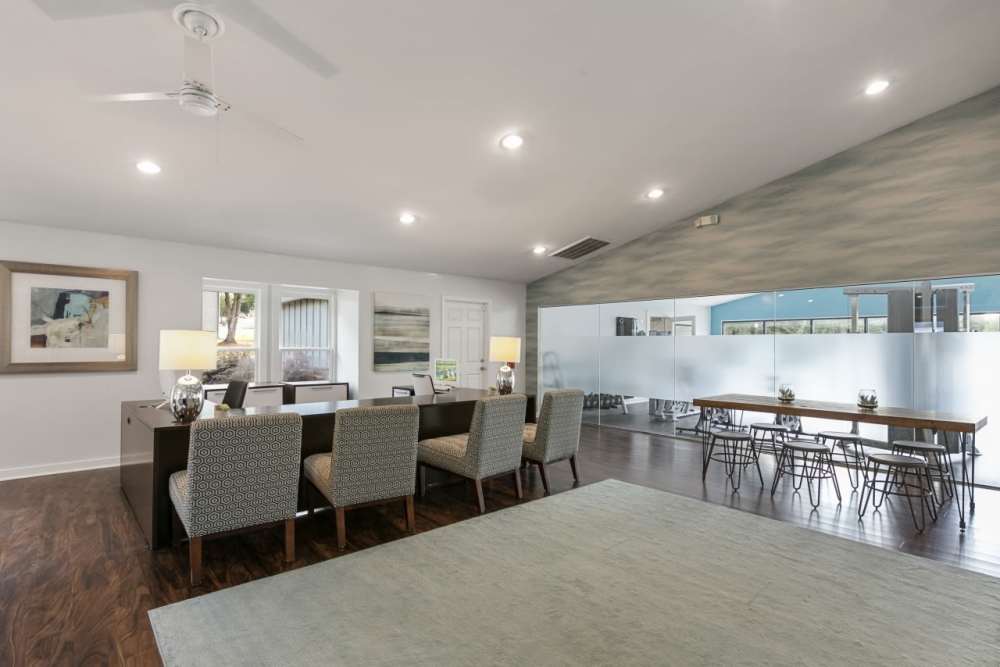 Clubhouse with wood flooring at Andover at Crabtree in Raleigh. NC