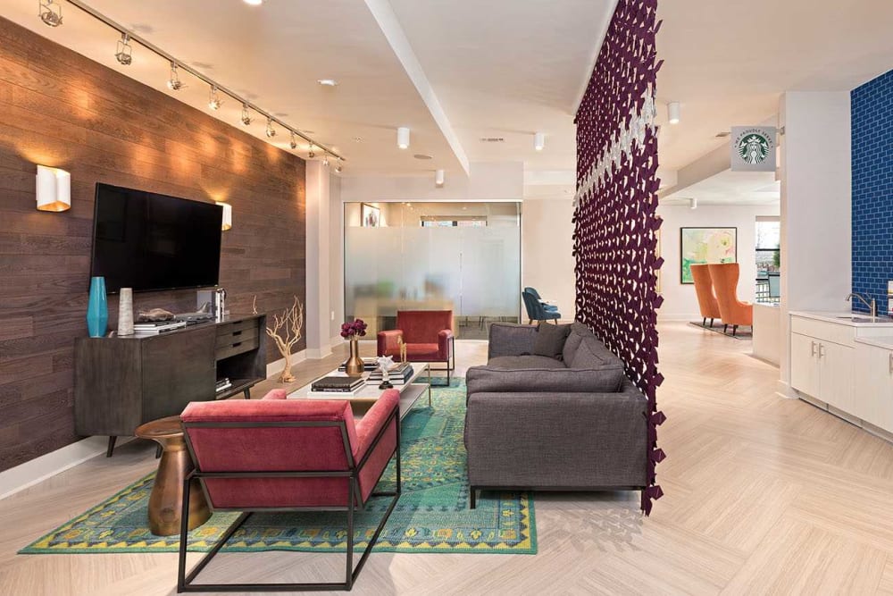 Modern clubhouse seating area and coffee bar at Cielo in Charlotte, North Carolina