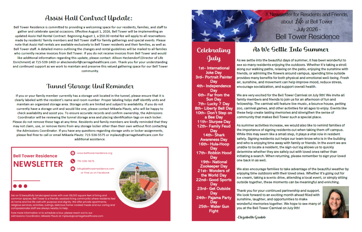 July Activity Calendar Highlights at Bell Tower Residence Assisted Living in Merrill, Wisconsin
