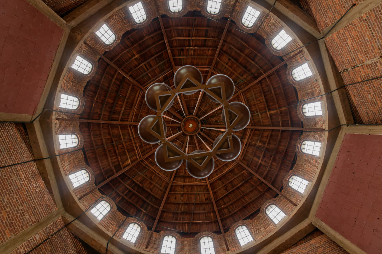 Brickwork and ceiling pattern of open space at Roosevelt Historic Lofts in Atlanta, Georgia