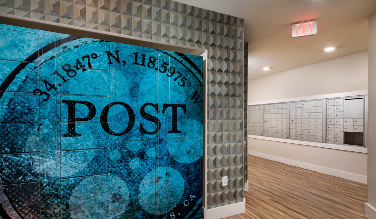 Community room with lockers at The Pointe at Warner Center in Woodland Hills, California