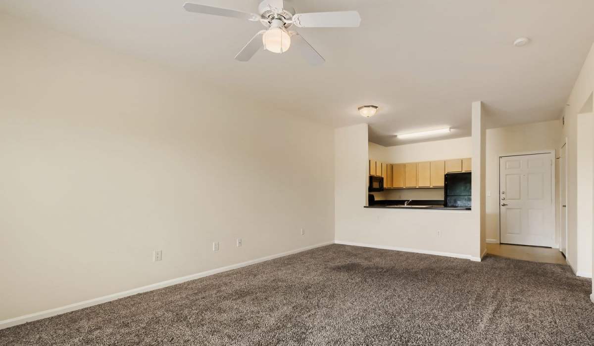 Spacious living area with carpet flooring and ceiling fan, open layout to kitchen with black appliances at Lindbergh Parc Senior Apartments in Fort Worth, Texas