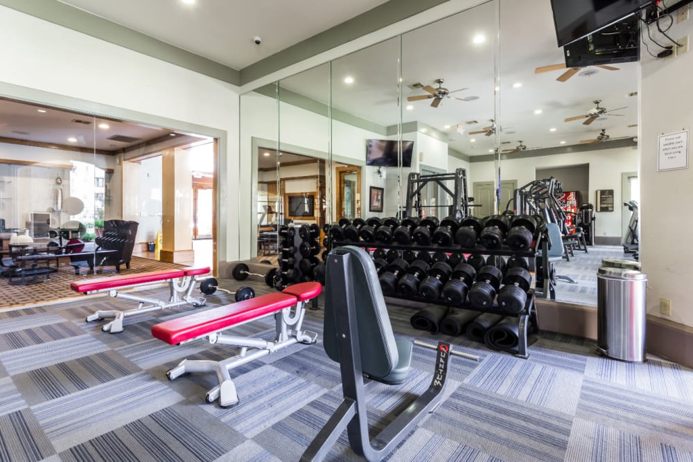 Free weight area in fitness room at Marquis at Clear Lake in Webster, Texas