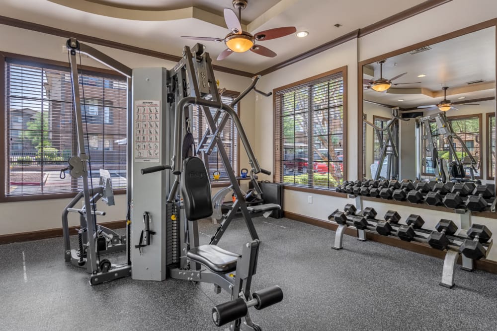 Fitness room with multiple exercise machine and free weights rack at Marquis at Sonoran Preserve in Phoenix, Arizona