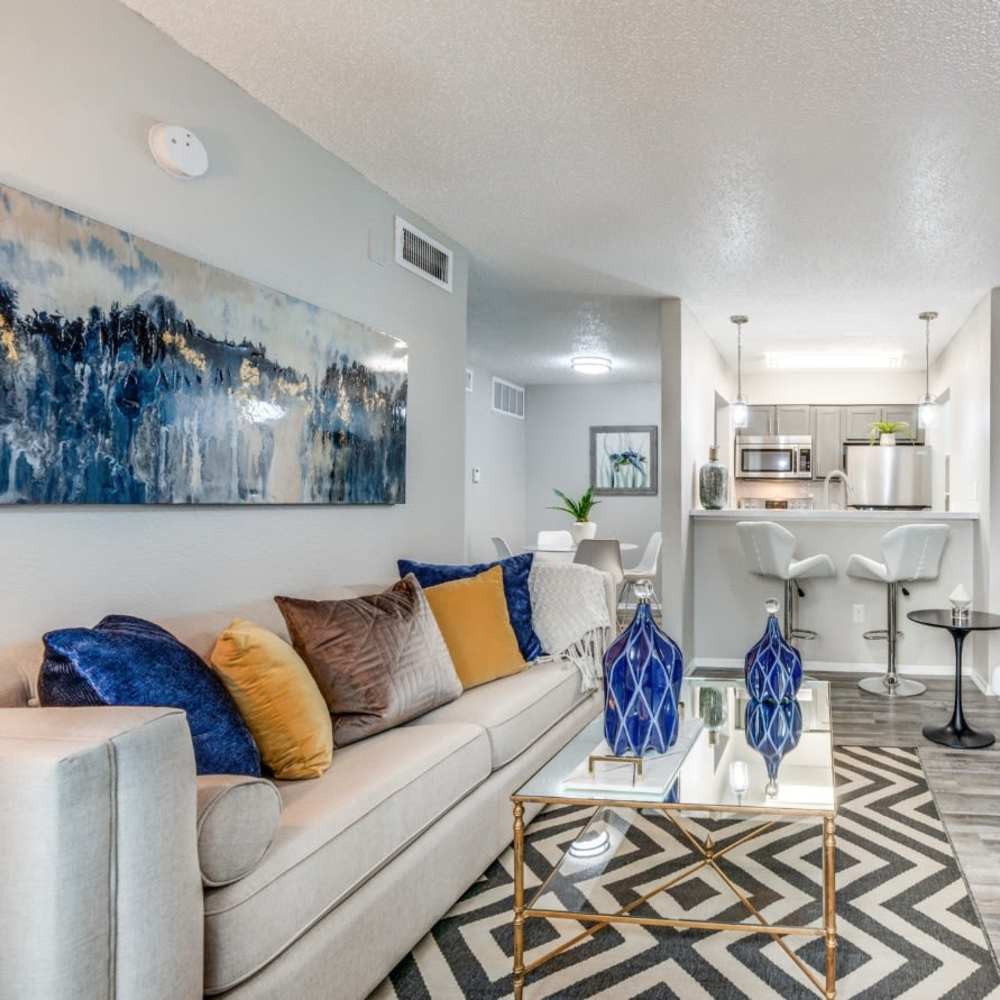 Spacious living room of an apartment at Fountains of Jupiter in Dallas, Texas