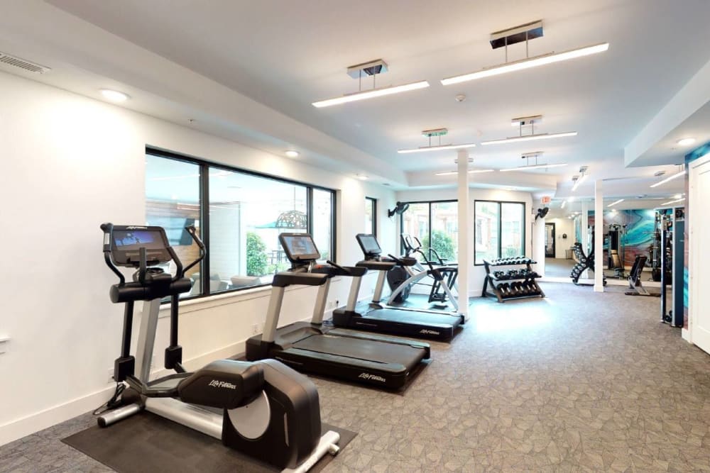 Community exercise room with various exercise equipment at Soba Apartments in Jacksonville, Florida