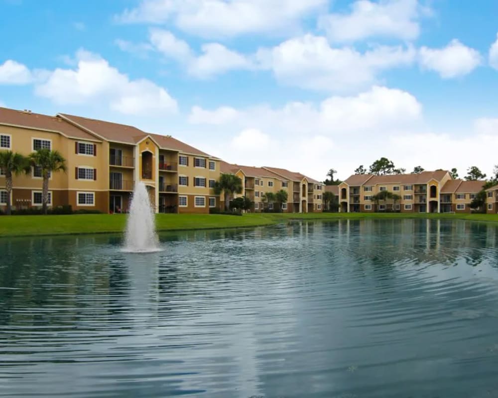 Exterior view with water feature at  San Marco Apartments in Ormond Beach, Florida