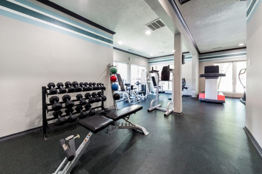 Fully equipped fitness center at Marquis at Legacy in Plano, Texas
