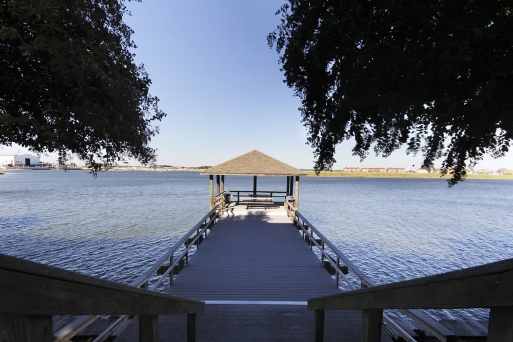 Fishing piers at Villa du Lac Apartment Homes in Slidell, Louisiana