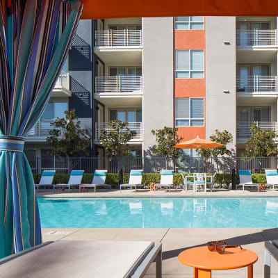 Resort-style swimming pool at Sofi Warner Center in Woodland Hills, California