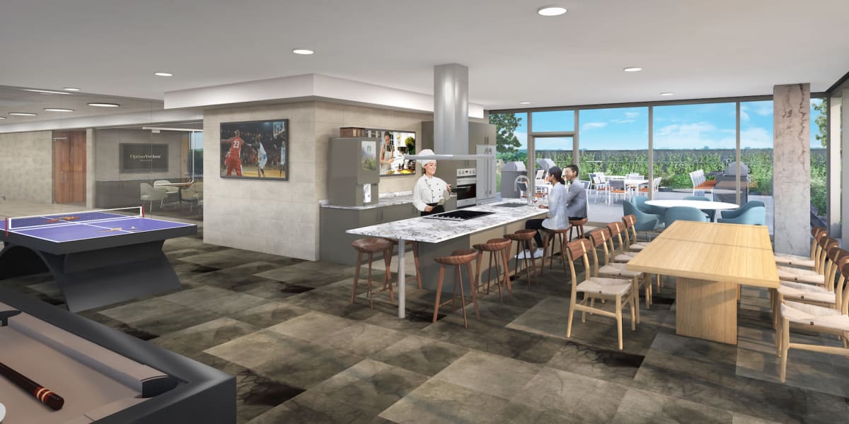 Game room area with seating at Optima Verdana® in Wilmette, Illinois