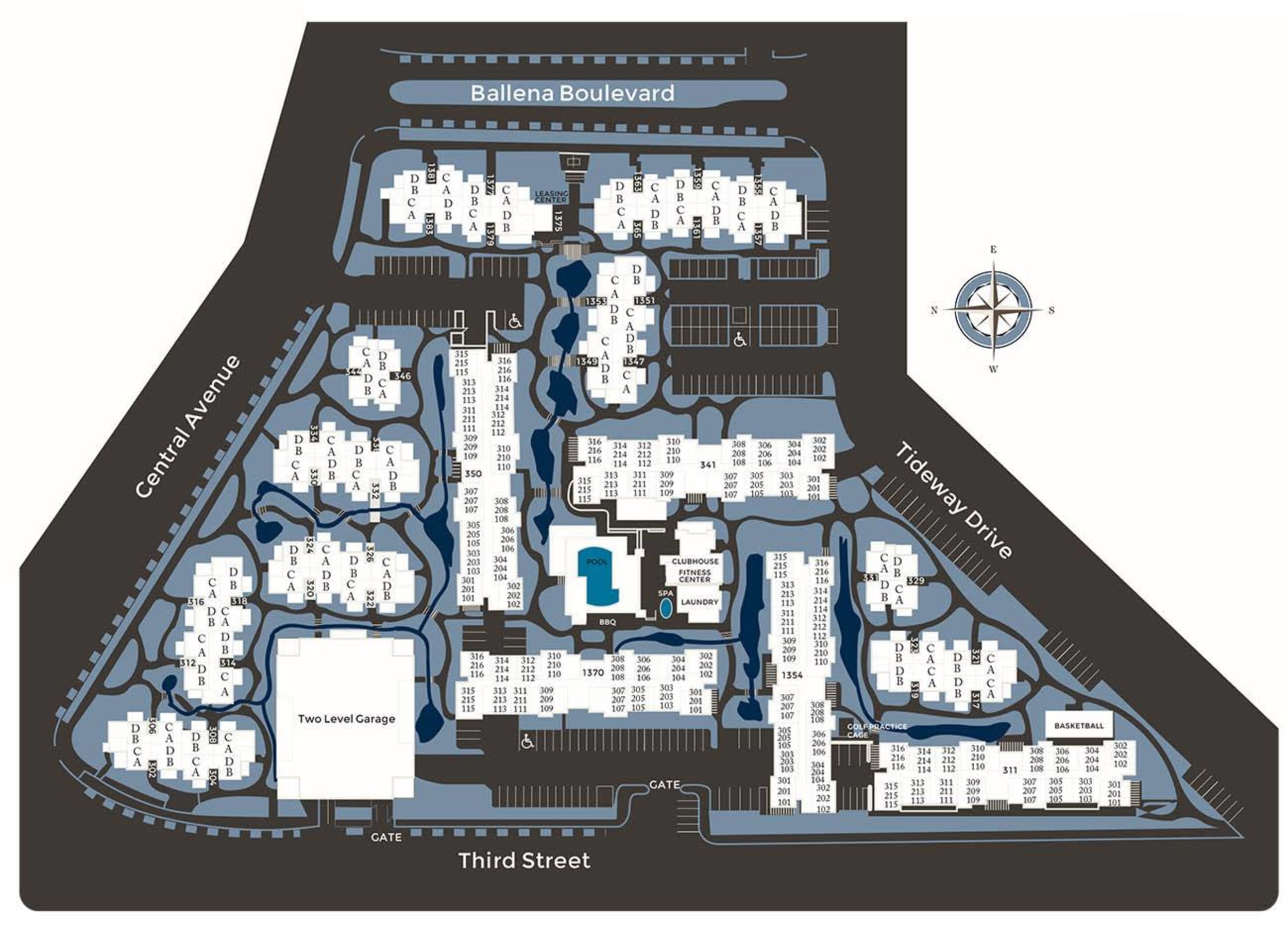 Community site map for Ballena Village Apartment Homes in Alameda, California