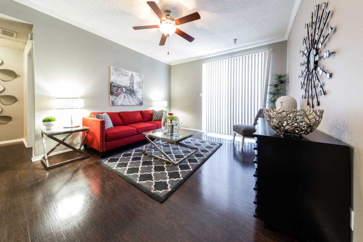 Well decorated living room at Marquis at Legacy in Plano, Texas
