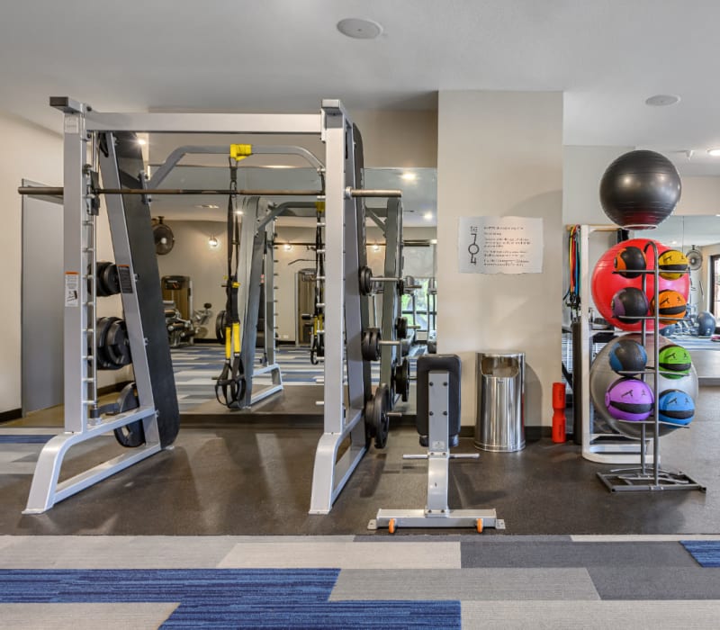 Fully equipped fitness room at The 704 in Austin, Texas