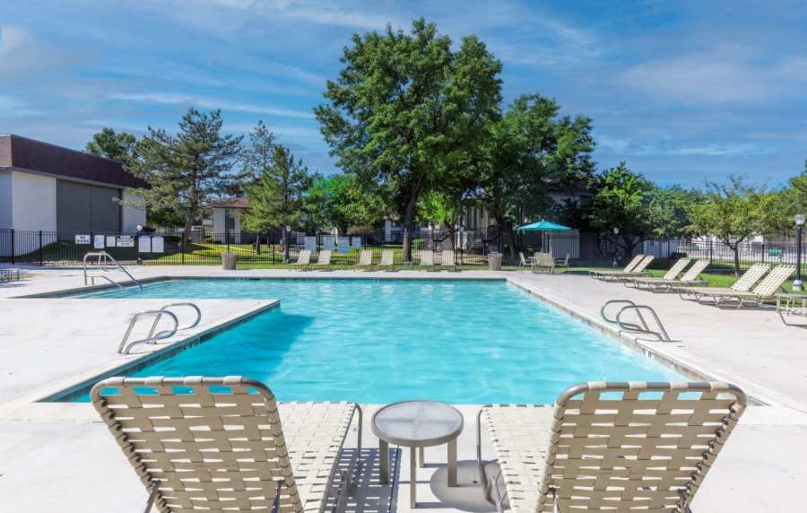 Resort style pool area at Wasatch Club Apartments in Midvale, Utah