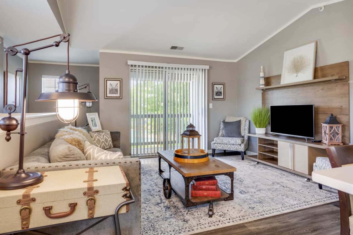 Furnished living room in a model apartment at Orchard Village in Aurora, Illinois