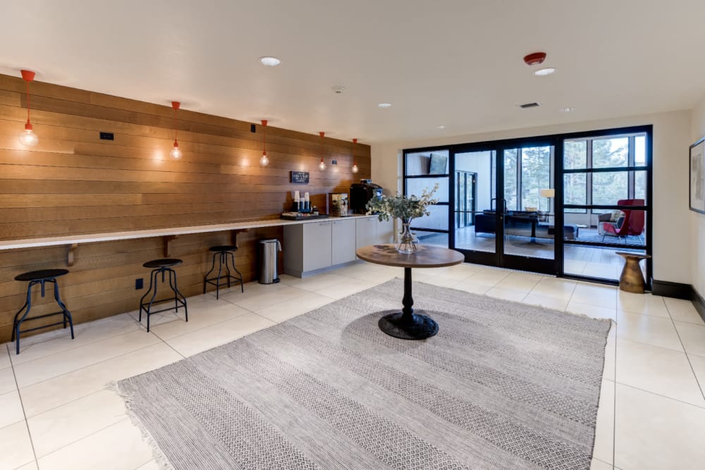 Spacious clubhouse offering coffee refreshments, a dog washing station and more at Ashford Belmar in Lakewood, Colorado