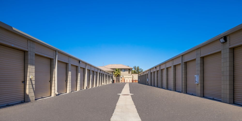 Outdoor drive-up storage units at StorQuest Self Storage in Sun City, Arizona