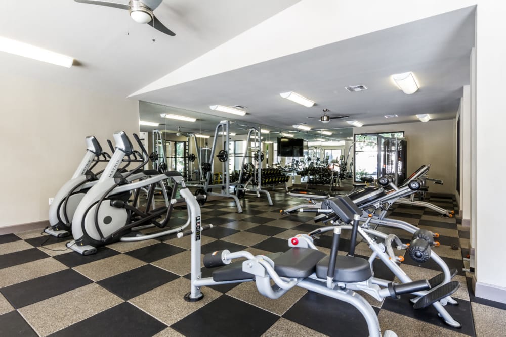 Fully equipped fitness center with multiple exercise machines at Marquis at Barton Trails in Austin, Texas