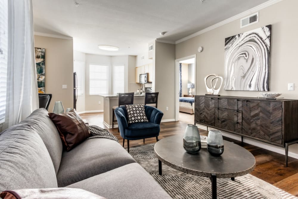 Spacious living room with mountain views at The Links at Plum Creek in Castle Rock, Colorado