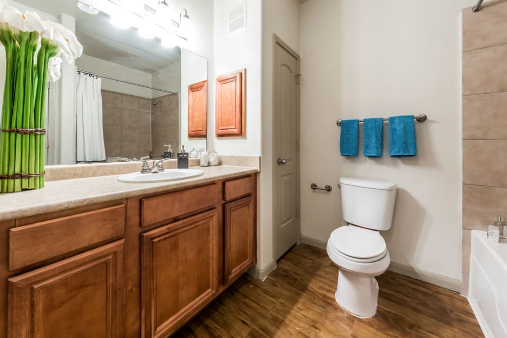 Clean bathroom with wood flooring and bathtub at Marquis at Clear Lake in Webster, Texas