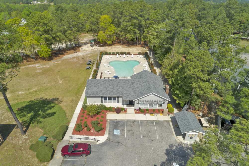 Aerial view of the community entrance at Landmark Flats in Fayetteville, North Carolina