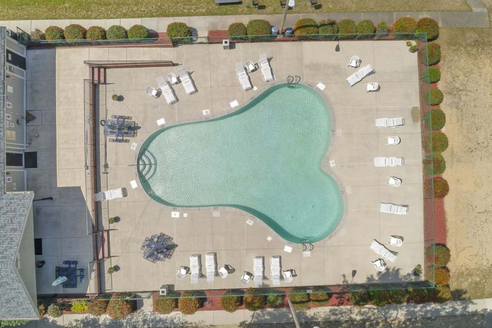 Aerial view of the swimming pool at Landmark Flats in Fayetteville, North Carolina
