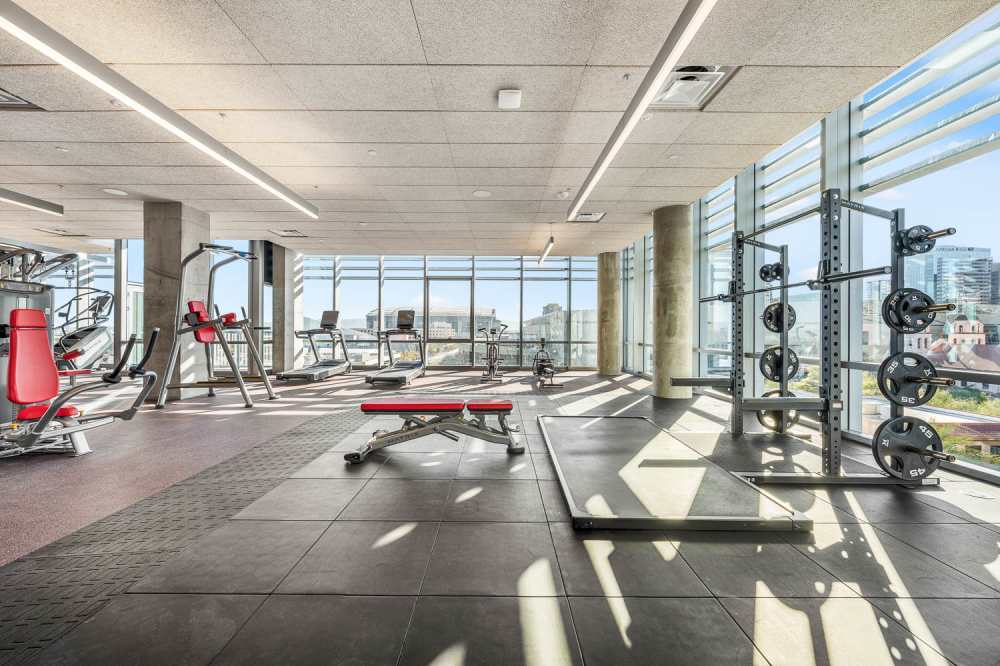 Fitness center with a view at PALMtower in Phoenix, Arizona