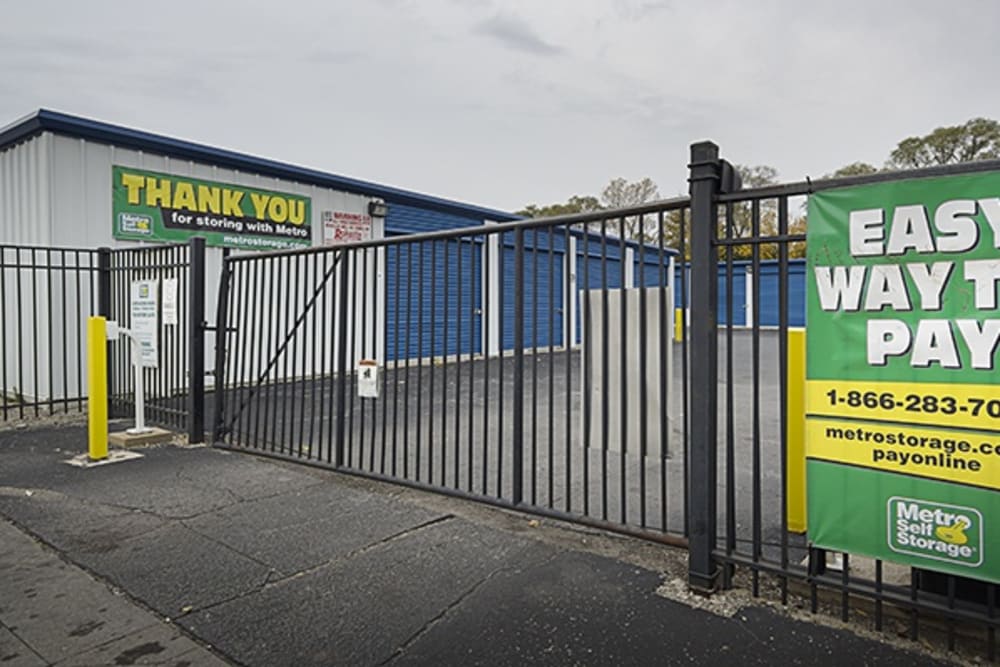 Gated entrance and keypad security station at Metro Self Storage in Chicago, Illinois