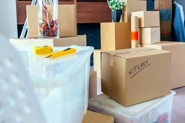 Boxes in a home ready to be moved to Downtown Self Storage - Davis Street in Portland, Oregon