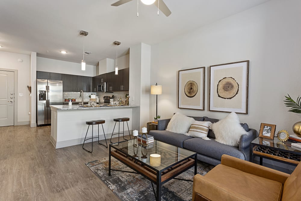 Living room and kitchen area at Olympus Hudson Oaks in Hudson Oaks, Texas