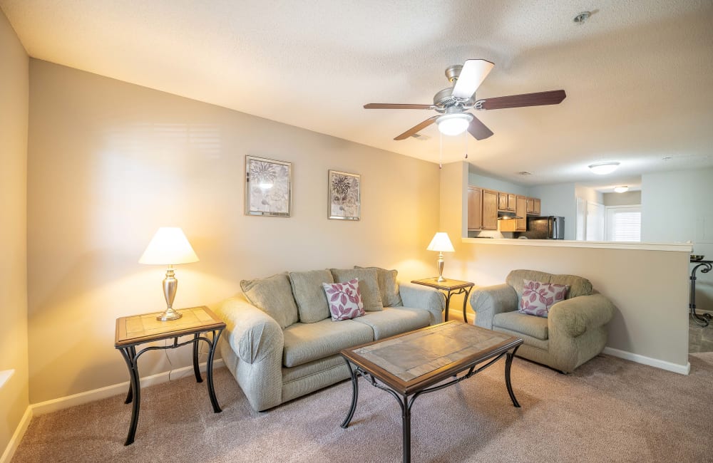 Living room with plank flooring in a model home at The Village at Brierfield Apartment Homes in Charlotte, North Carolina