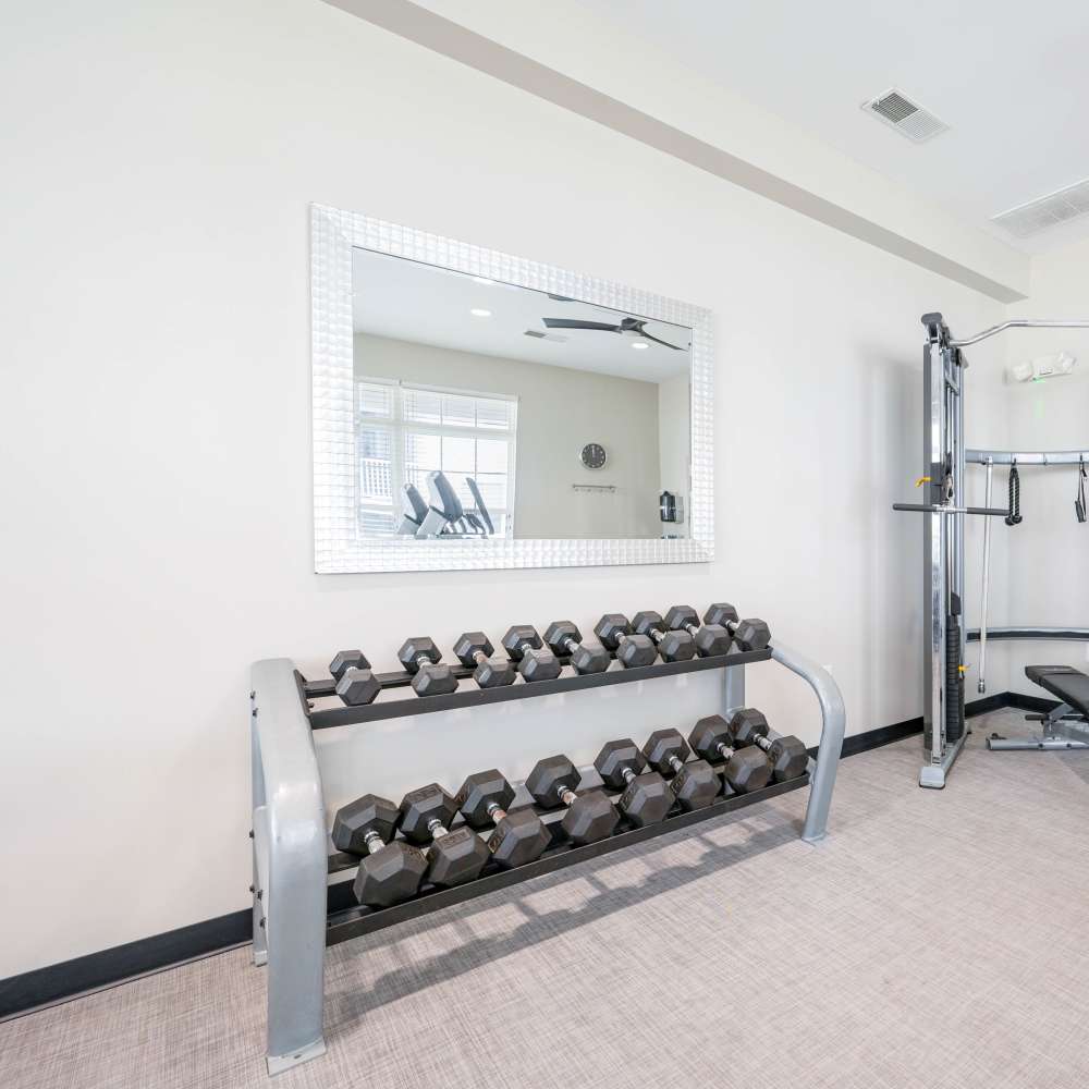 Fitness center with dumb bell rack at Celtic Crossing in St. Peters, Missouri